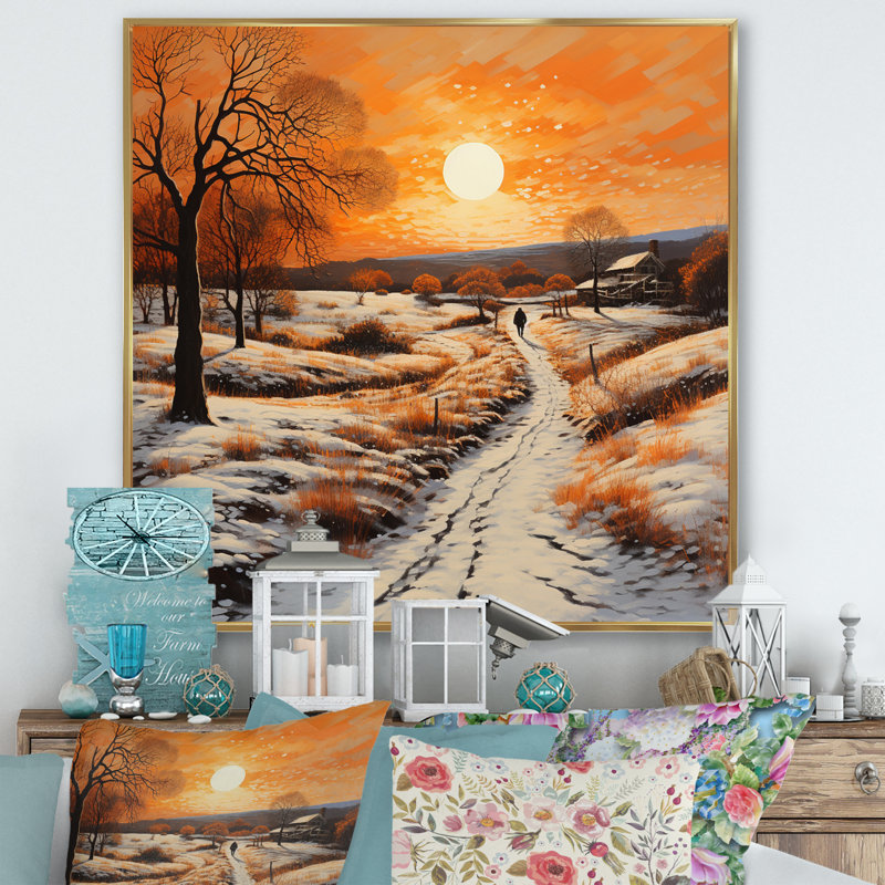 «Orange White Winters Glow Pointillism», reproduction sur toile, Cadre flottant doré, 36" H x 36" W