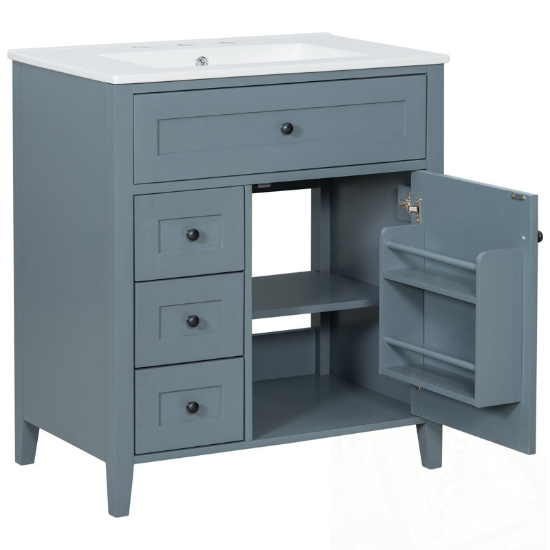 Meuble-lavabo avec lavabo, 3 tiroirs et tablette réglable, Bleu / Noir