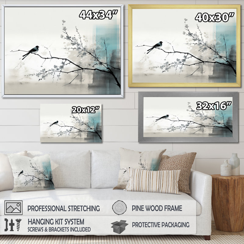 «Asian Art Sumi Bird Serenity», reproduction d'art sur toile encadrée, H 16 po x l 32 po x P 1 po, Cadre photo argenté