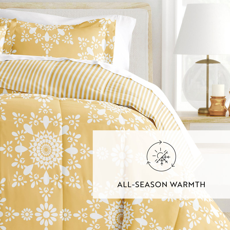 Yellow and White Floral Reversible King Down Alternative Comforter Set