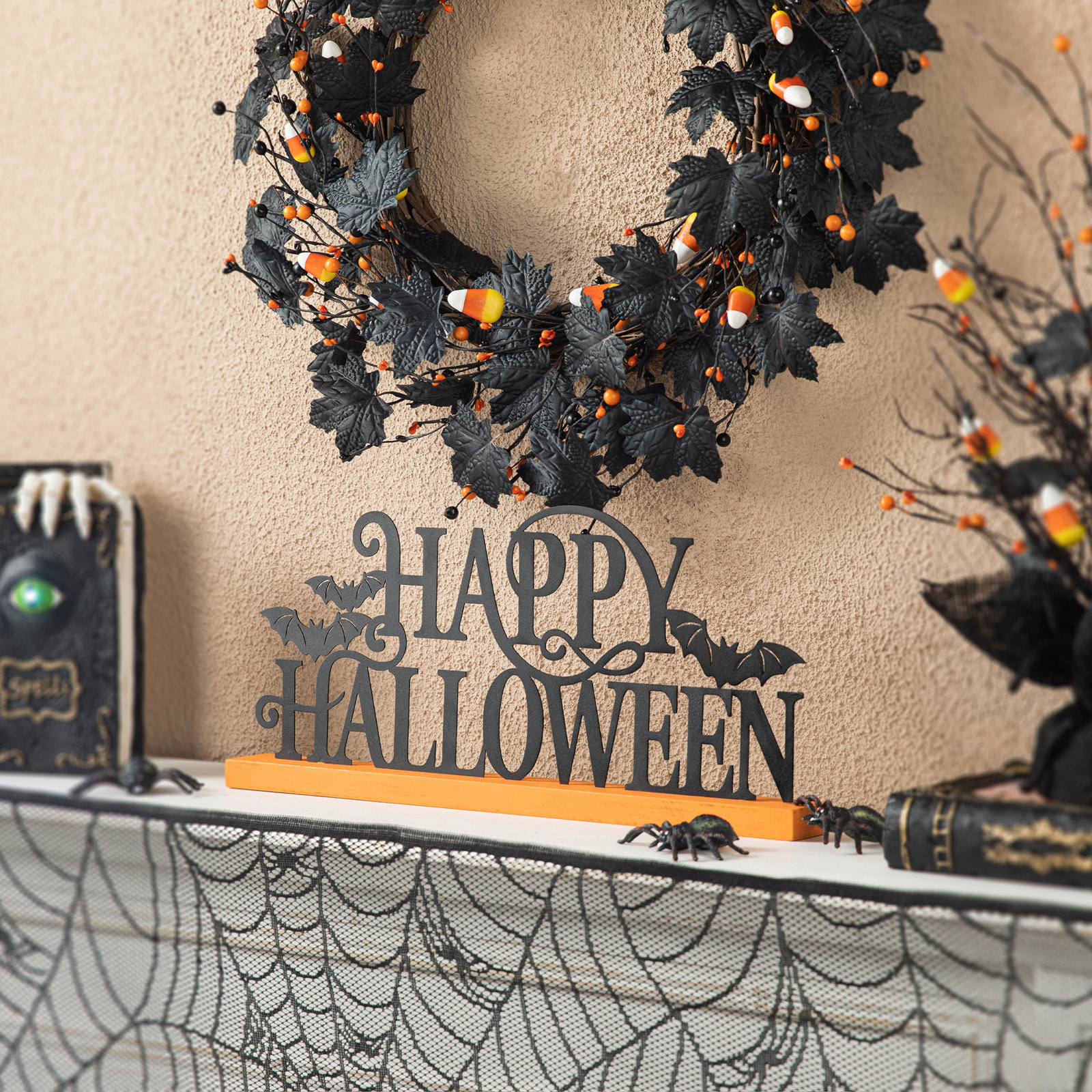 18" L Distressed Metal and Wood Happy Halloween Sign with Bats