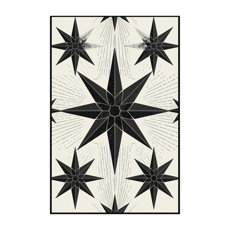 Soft Plush Dunkle Shuriken Throwing Star Mid-Century Starburst Area Rug in Beige – Black Binding, 7x9