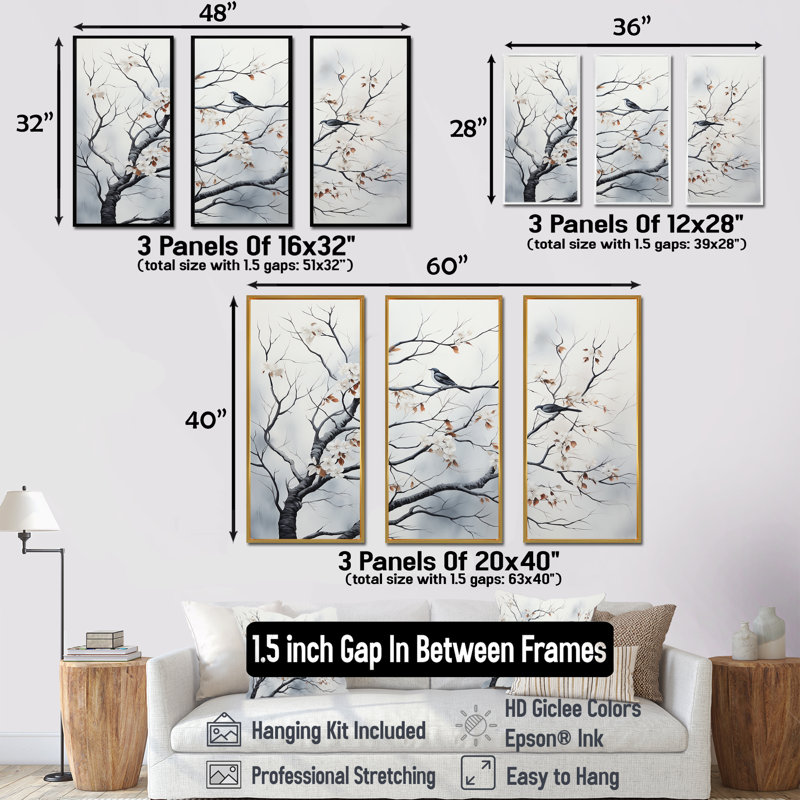 Gris gris, printemps, arbres, oiseaux, art mural, H 28 po x l 36 po x P 1 po, Cadre flottant noir