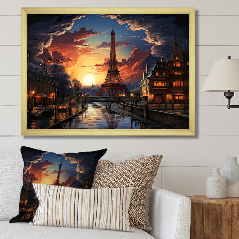 Futuriste Paris Eiffel Tower Scenery III - Franch Wall Art Living Room, H 24 po x l 32 po x P 1 po, Encadrement doré
