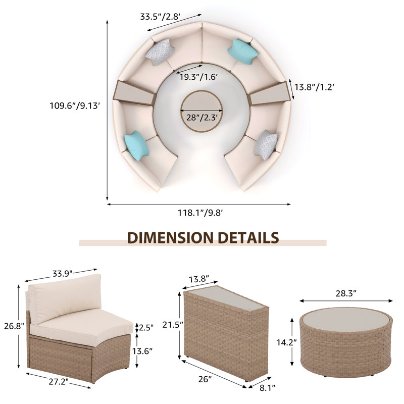 11 Piece 8 Person Outdoor Wicker Conversation Set With Cushions & Toss Pillow, Beige Frame/Beige Cushion 