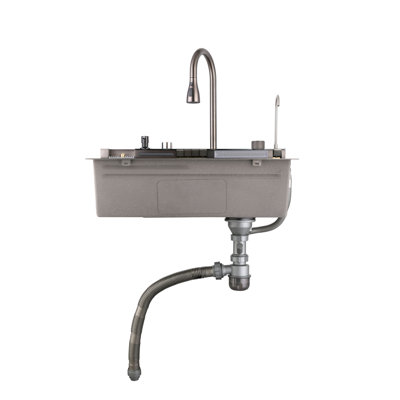 Évier de cuisine à cascade numérique avec robinet baleine, évier à simple cuve en acier inoxydable 29,5 x 18 po avec douchette rétractable, laveuse de tasses et planche à découper