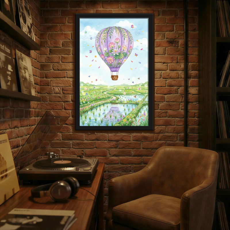 Paysage et nature, montgolfière, paysage floral, ciel, papillons, H 18 po x l 12 po