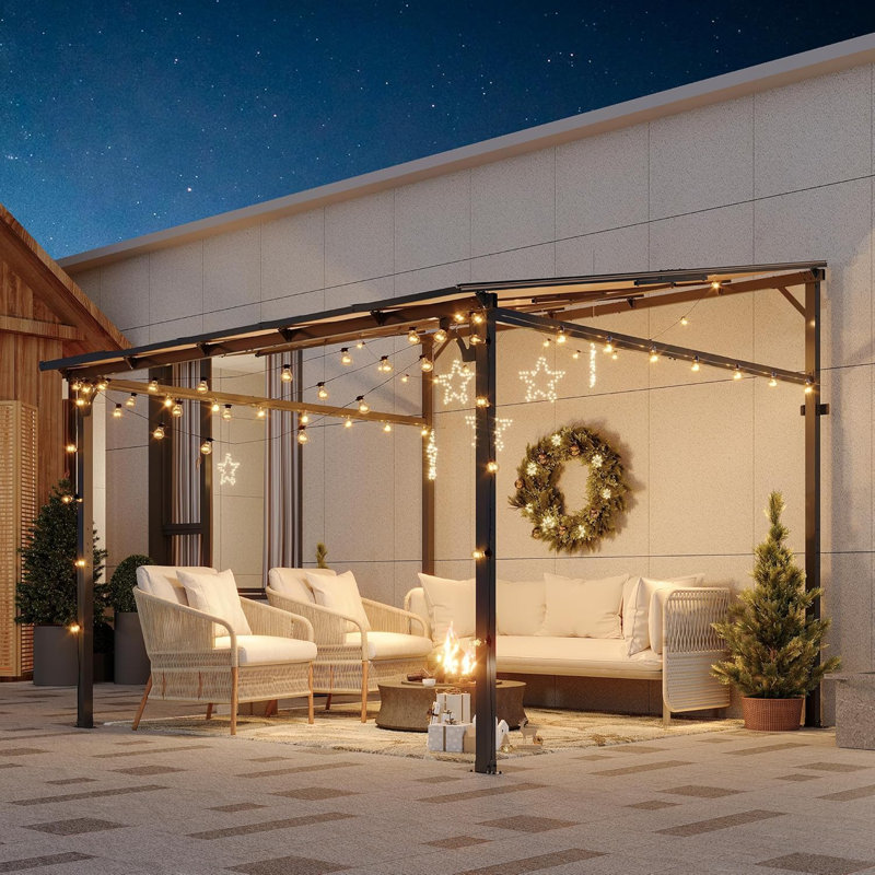 10' X 10' Patio Gazebo, Wall-Mounted Lean To Metal Awnings Gazebos, Hard Top Lean To Pergola