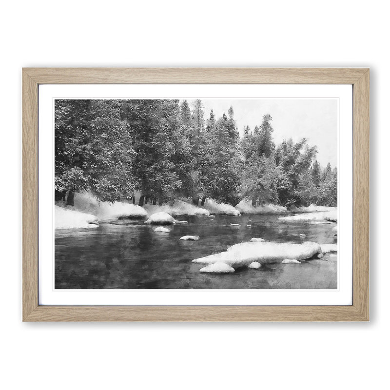 Winter Forest and Lake - Picture Frame Painting, 27cm H x 36cm W x 2cm D, Oak Framed
