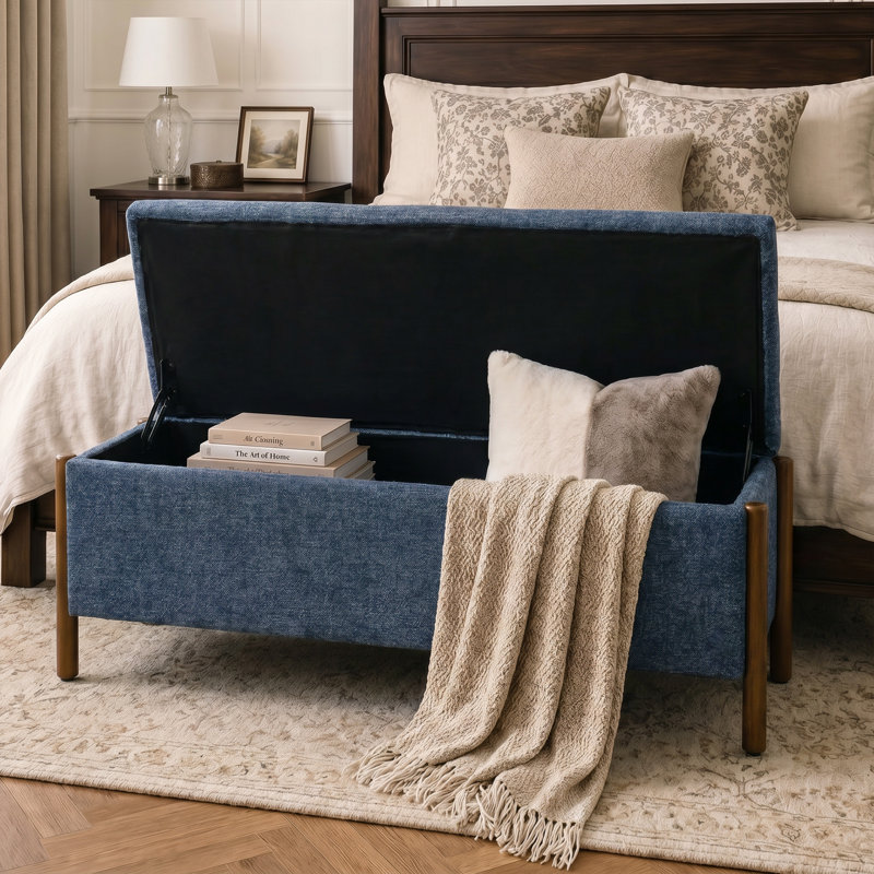  Banc de rangement rembourré 48 po avec pieds en bois massif 48 po, Bleu