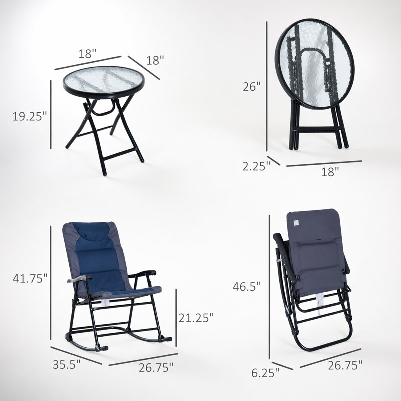 Ensemble de patio extérieur 3 pièces avec table en verre et chaises berçantes rembourrées, idéal pour le porche, le balcon et le camping