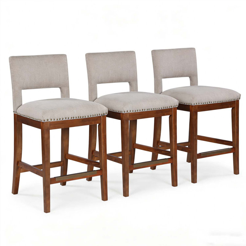 Ensemble de 3 tabourets de bar, tabourets de bar rembourrés à hauteur de comptoir, tabourets de comptoir modernes avec pieds en bois pour îlot de cuisine, brun
