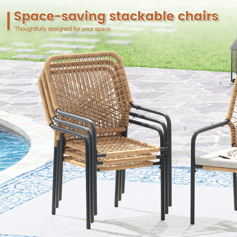 Square Patio Dining Set With Cushioned Stackable Rattan Chairs, Brush Wood Gray