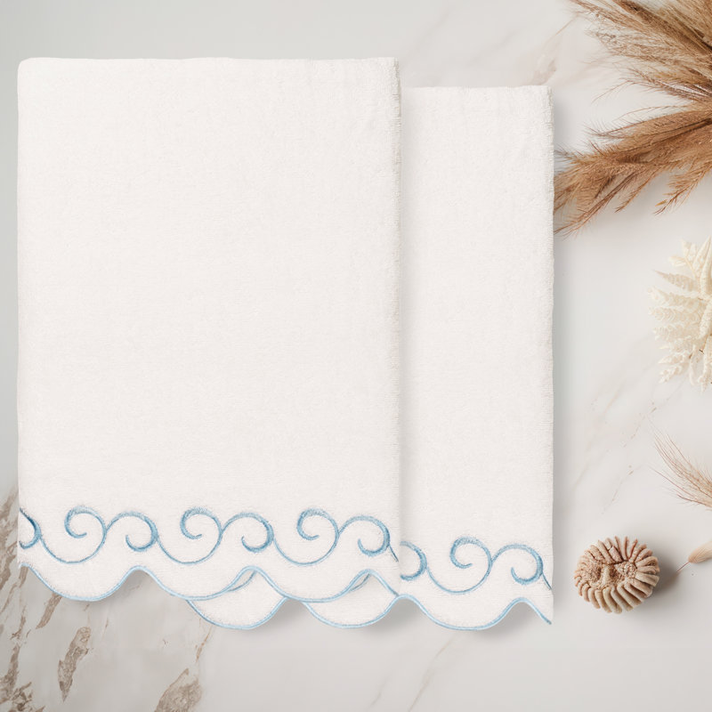  100% Turkish Cotton SIMPLICITY Scallop 2PC Embellished Bath Towel Set, Bath Towel - 2 Pack, White/Blue
