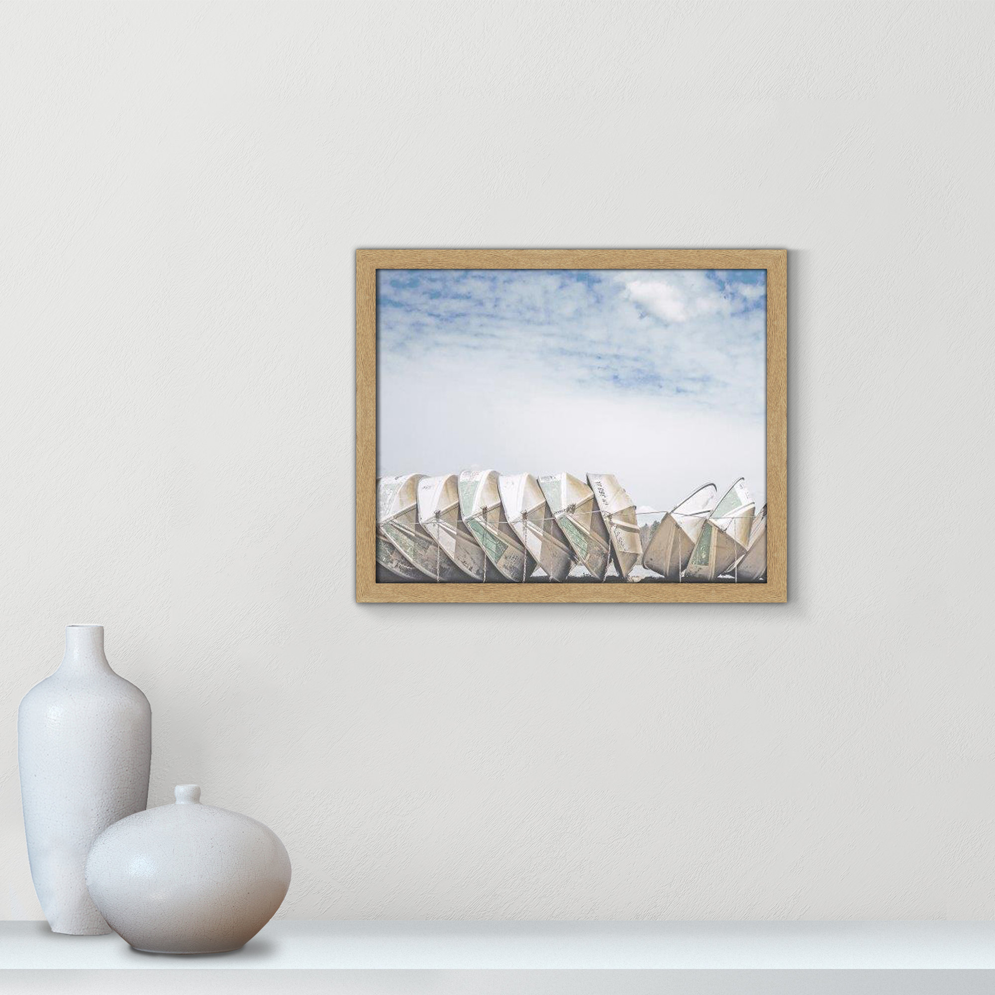 Wooden Boats Framed On Paper by Leah Straatsma Print, 16" H x 19" W x 1.25" D, Natural