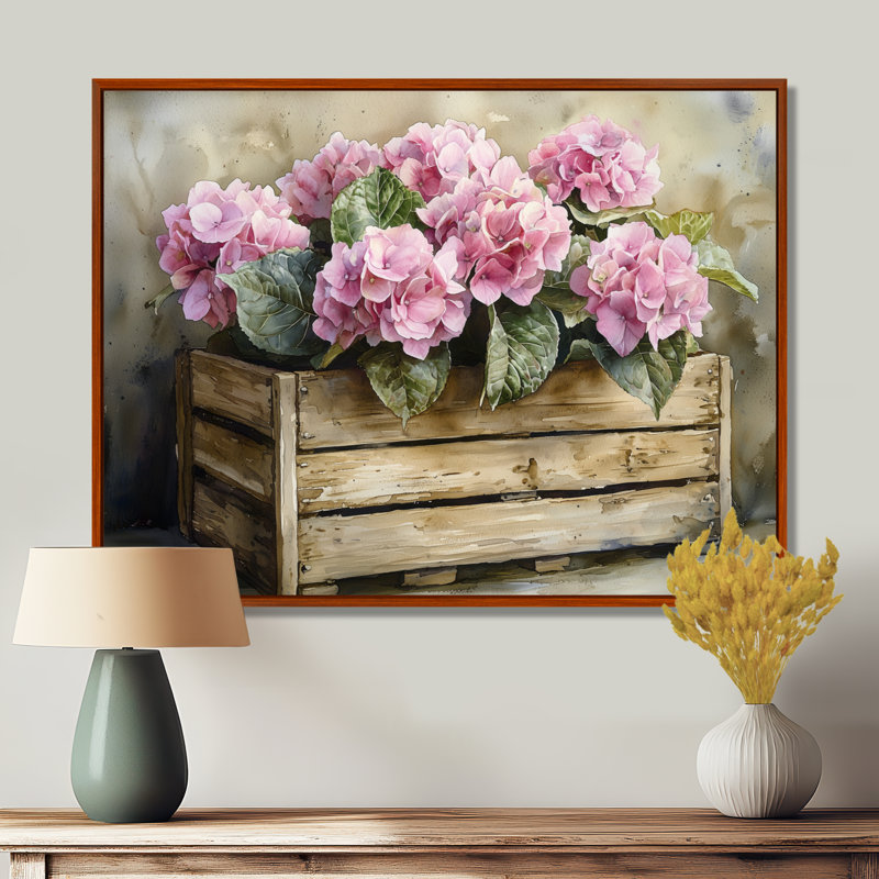 Drangty ferme hortensias dans une caisse en bois II - hortensia art mural, H 30 po x l 40 po, Brun
