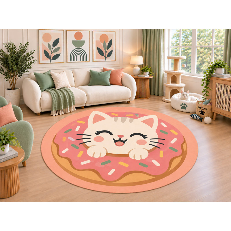 Tapis rond « Ultra fin » 1,83 m x 1,83 m, motif chat blanc et beignet rose, décoration mignonne et kawaii pour chambre d'enfant, dos en silicone antidérapant, poils courts.