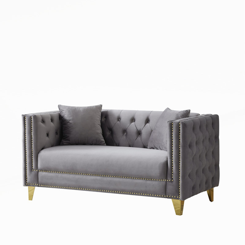 Chesterfield Velvet Sofa with Deep Seating Button Tufting and Nailhead Accents for Elegant Living Spaces, Gray