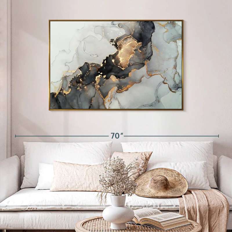 Éclaboussure noire et dorée, 46 po x 31 po, Cadre flottant doré