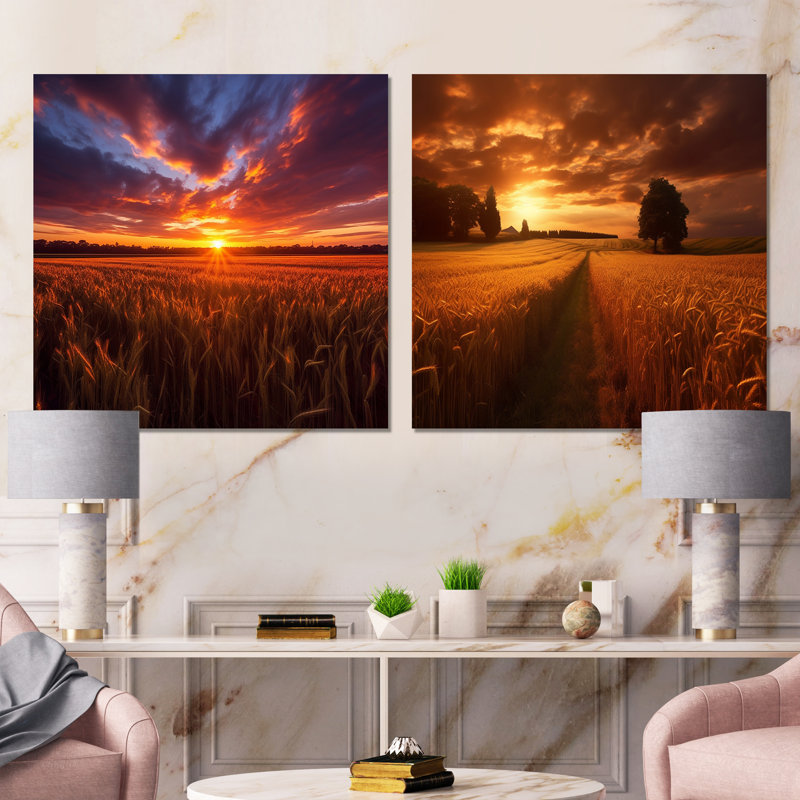 Glorieux coucher de soleil au-dessus d'une voie d'eau dans les champs - ensemble de 2 carrés au coucher du soleil