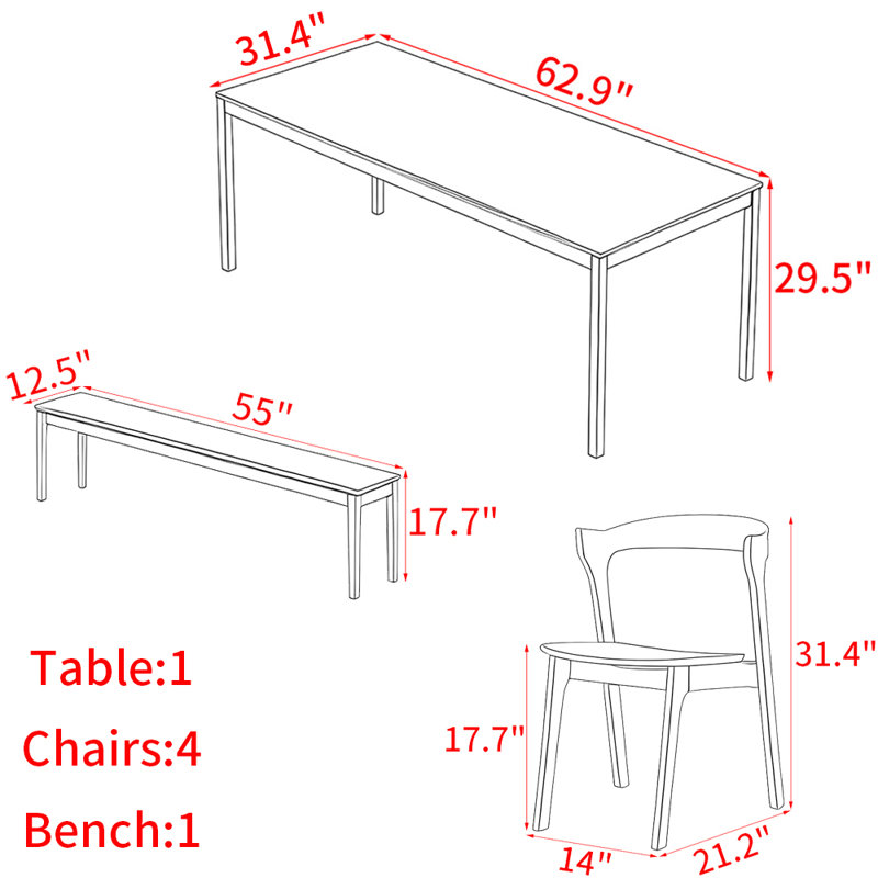 Nordic style rectangular dining table set., 29.5"H x 62.9"L x 31.4"W