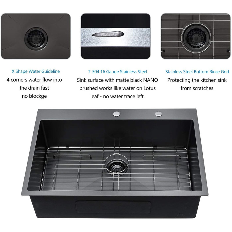 30'' L Single Bowl Stainless Steel Kitchen Sink, Gunmental Matte Black