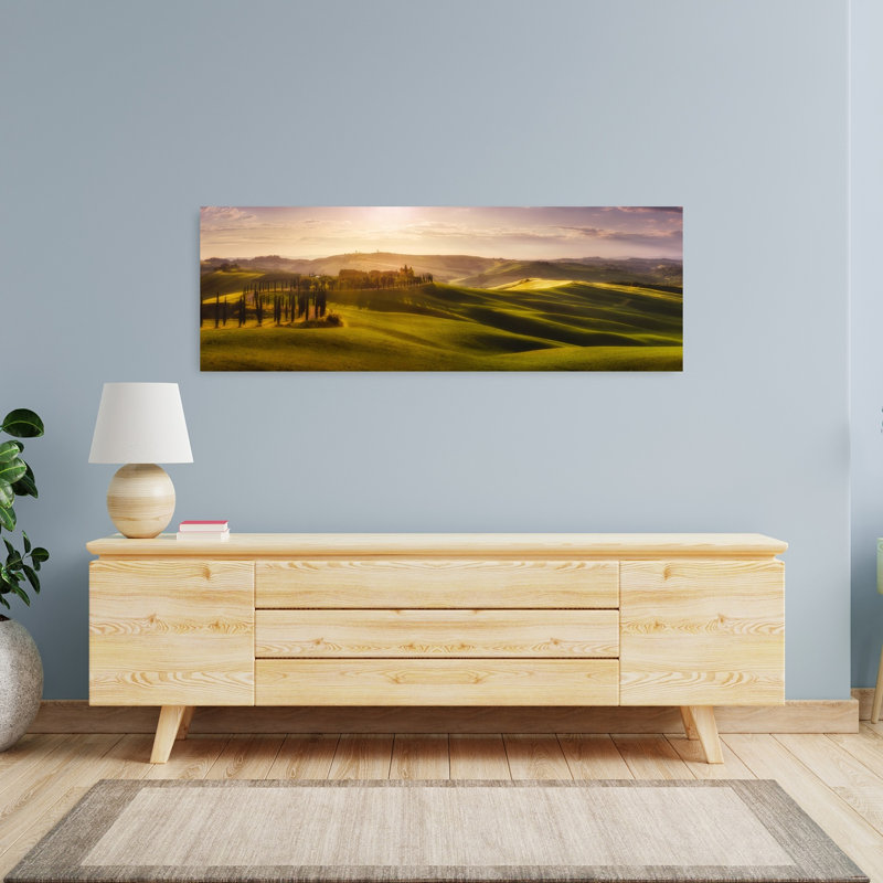 «Rolling Tuscan Cypress Hills Peaceful Serene Vibrant Cypress Landscape Nature», art mural, H 16 po x l 48 po