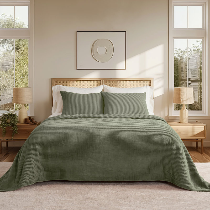Ensemble de couvre-lit en coton côtelé matelassé, Courtepointe pour lit grand + deux taies décorati, Vert olive