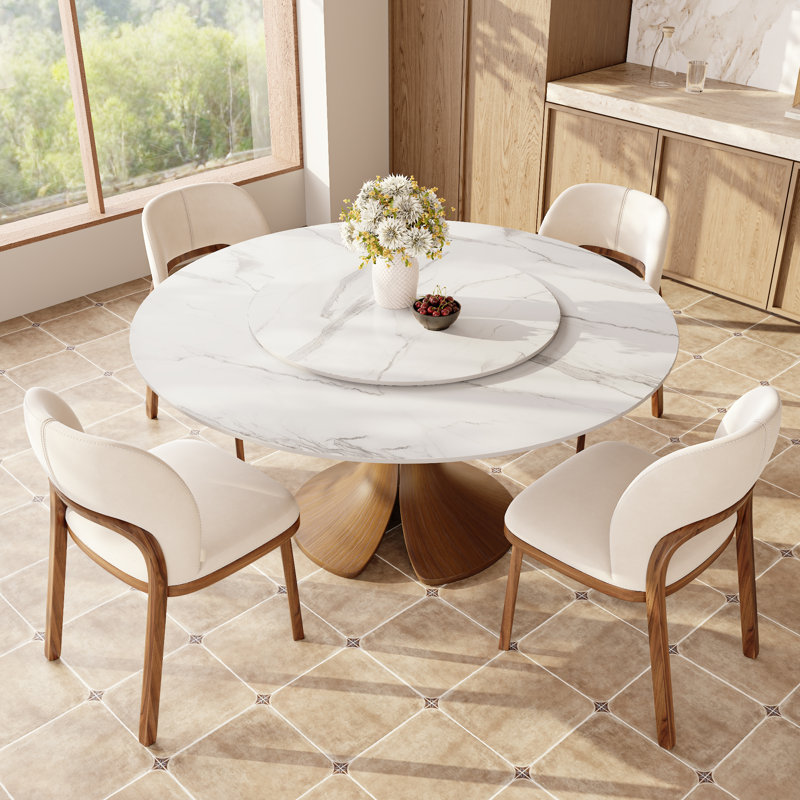 Aurora 53‘’/59‘’ Farmhouse Round Sintered Stone Dining Table With Detachable Lazy Susan - Sculptural Solid Hardwood Pedestal For 4-8