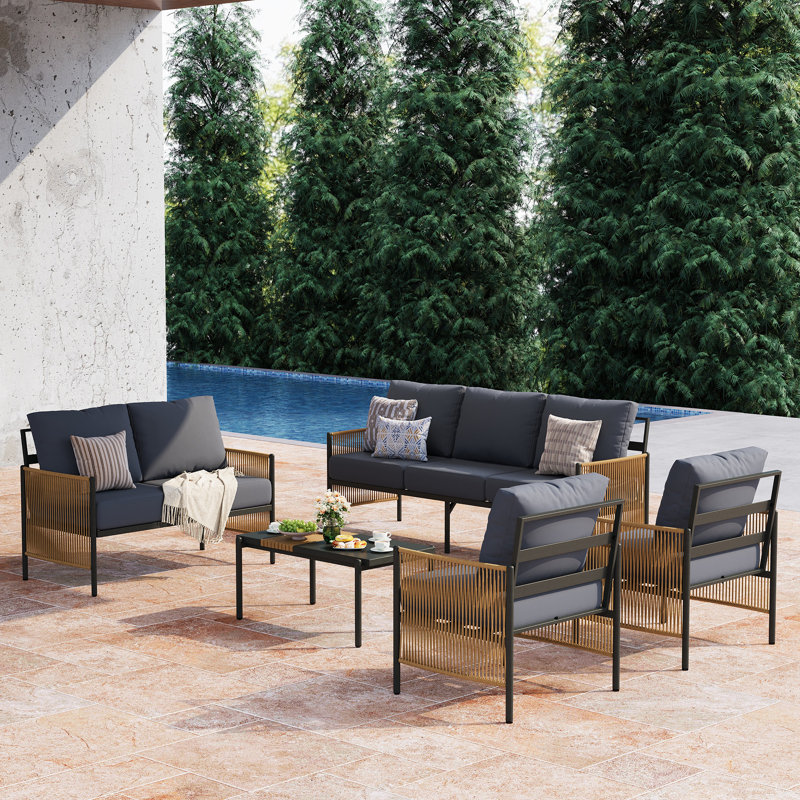 Outdoor Patio Furniture Set, 5 Piece Patio Conversation Sets with Coffee Table, HDPE Rope & Aluminum Armrests, All Weather Patio Set with Thick Cushions for Deck, Backyard,  Graphite Grey