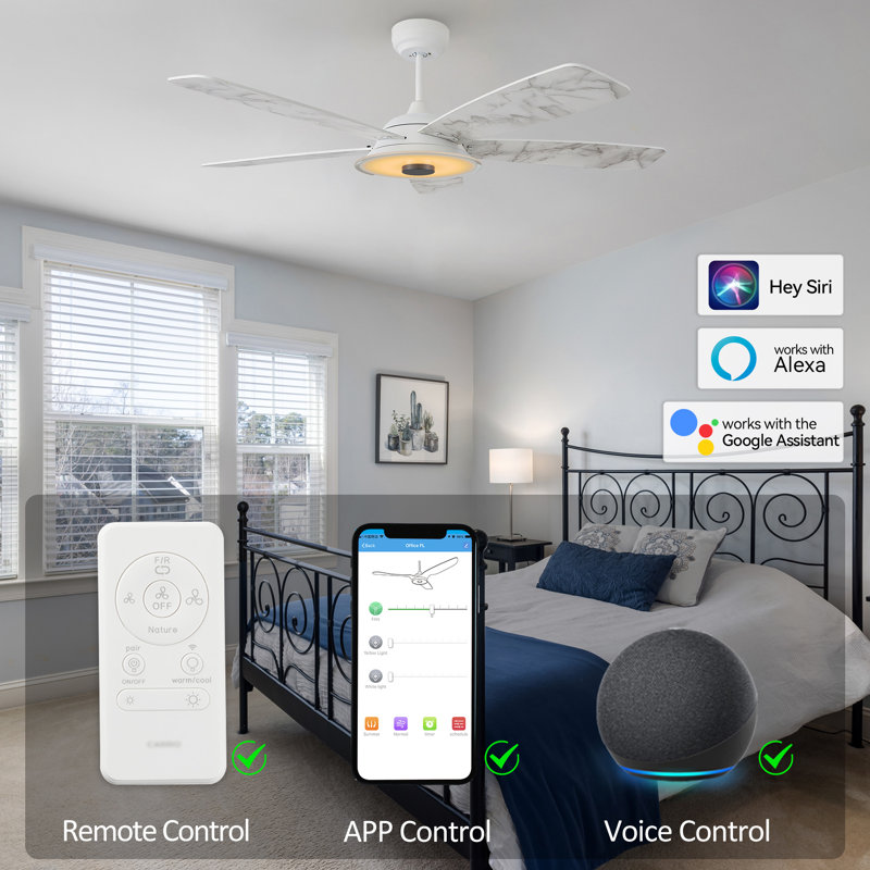 Gatha 56'' Ceiling Fan with LED Lights, White, White Marble, 56"