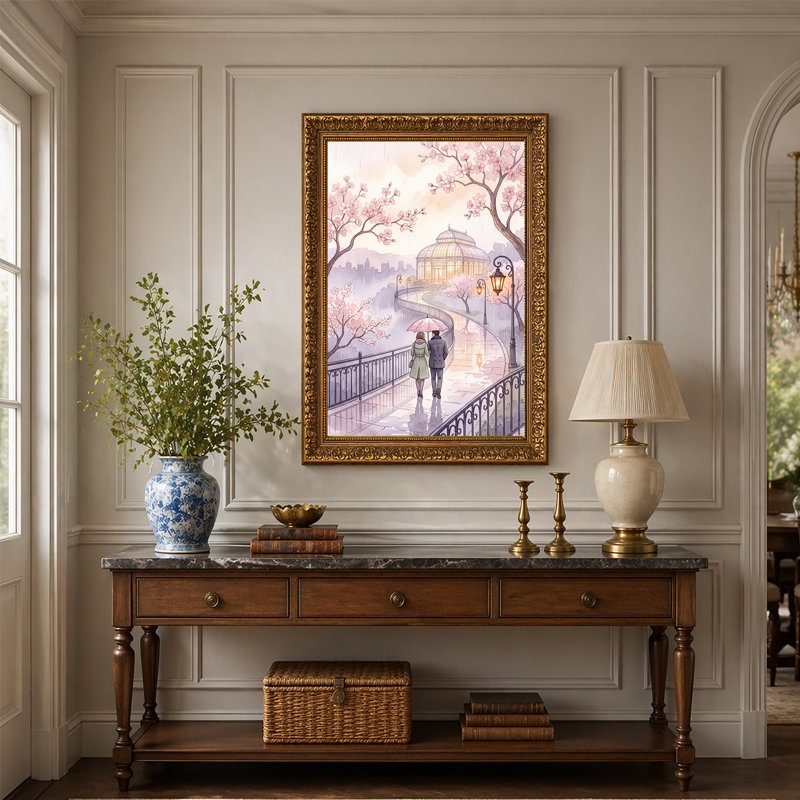 Couple qui marche sous un parapluie rose dans un parc de fleurs de cerisier, art mural, 30"H x 20"W