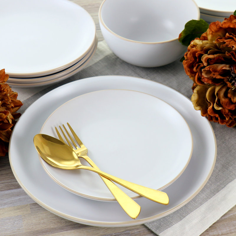 White Ceramic 12-Piece Dinnerware Set with Glossy Rim