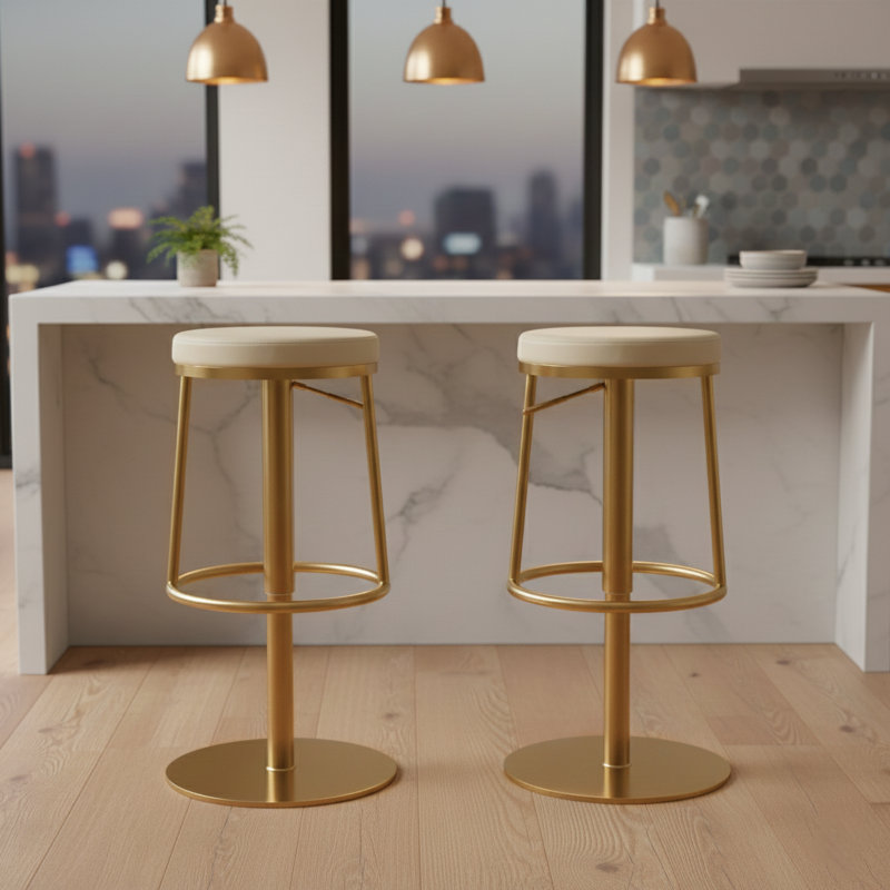 Alfonz Swivel Upholstered Adjustable Height Counter Stool with Metal Frame, Beige/Gold 