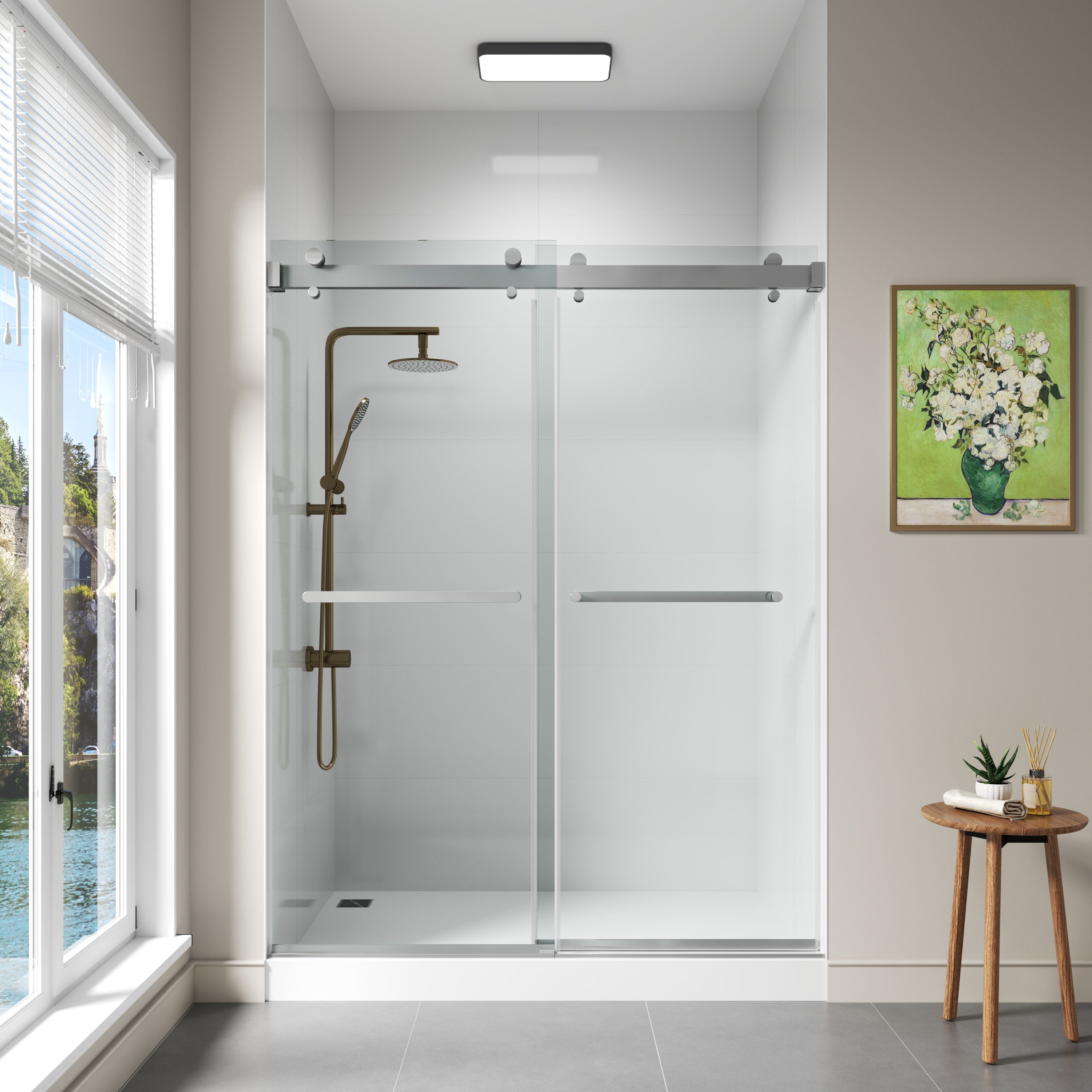 Sunny Shower Fully 60 W x 72 H Frameless Sliding Shower Doors, 3/8 Clear Glass, Brushed Nickel Finish, Stainless Steel Hardware