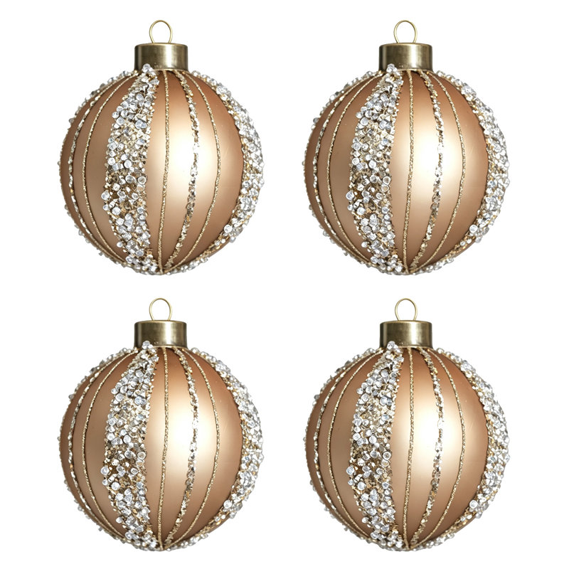 Ensemble de 4 décorations en forme de boule de Noël à rayures verticales 4,7 pouces champagne et strass, 4.7", 4 pièces