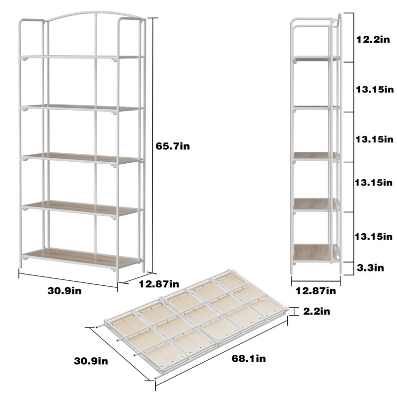 Lejon No Assembly Folding Etagere Bookcase, White, (5 Shelves) 65.7" H x 30.9" W x 12.87" D
