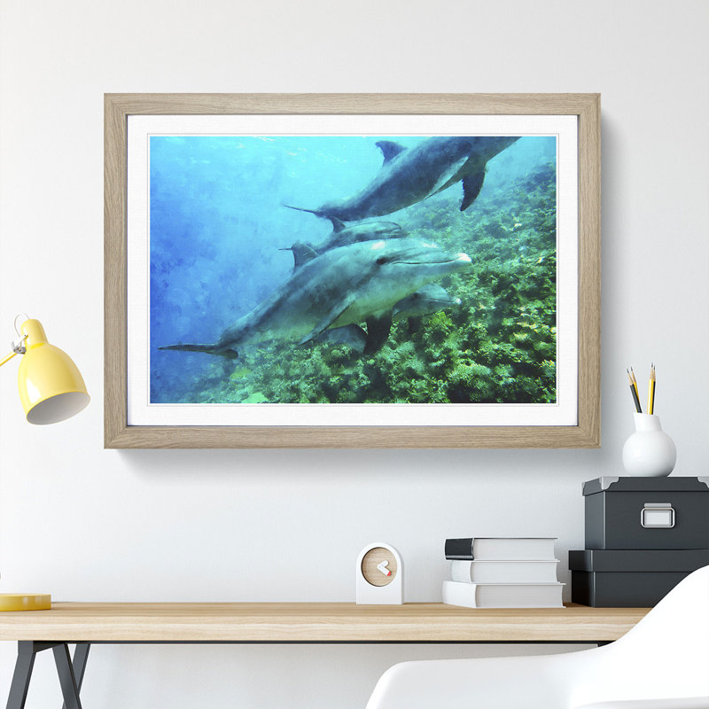 Dolphins - Picture Frame Painting, Oak Framed, 27cm H x 36cm W x 2cm D