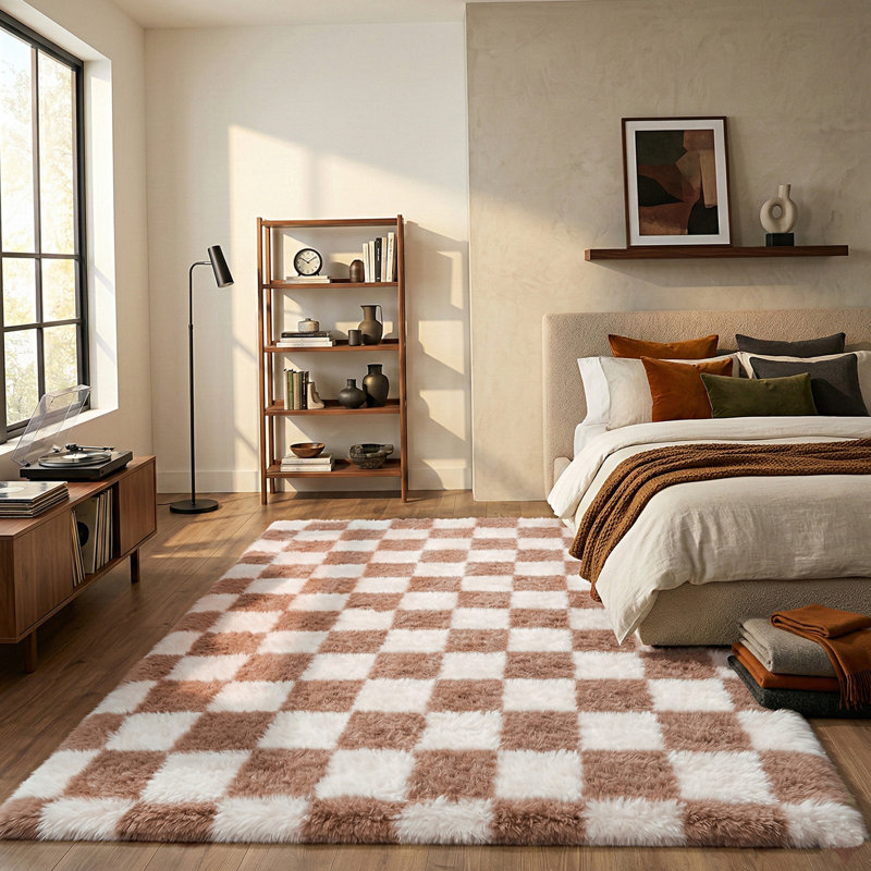 Plush Checkered Shag Area Rug - Soft Fluffy Camel & White Grid Fleece Carpet for Living Room, Bedroom, Dry-Clean Only, High-Pile Shaggy Rug with Modern Checkerboard Pattern, Cozy Non-Slip Floor Decor for Contemporary Home Spaces