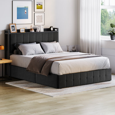Queen Size Lift Up Storage Bed, Upholstered Velvet Bed Frame with Storage Headboard, Metal Platform Bed, No Box Spring Needed, Solid Wooden Slats, Noise Free, Black