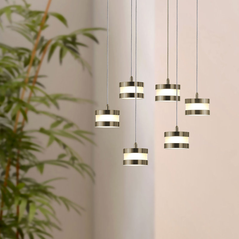 Luminaire suspendu tambour en grappe à 6 lumières DEL Karter, Laiton brossé