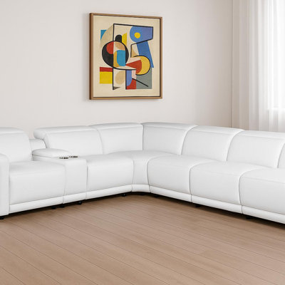 Canapé modulaire en L 7 pièces en cuir blanc italien avec console