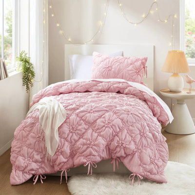Édredon simple en 2 pièces, jolis accents floraux, surface en microfibre brossée douce, rembourrage, adaptable à toutes les saisons, lavable à la machine 2 pièces avec broderie décontractée et cravate, confort moelleux,