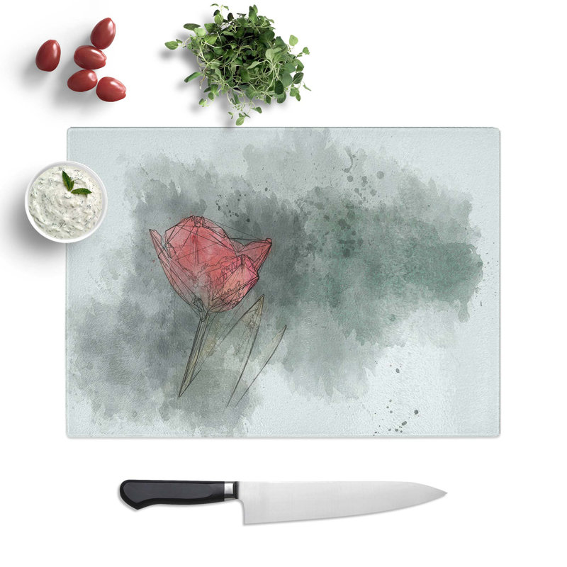 Glass Lone Red Tulip in Abstract Chopping Board, 39 cm W x 28.5 cm L