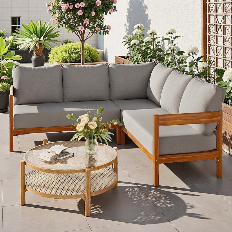 Acacia Solid Wood Patio Furniture Set, Outdoor L-Shaped Corner Sofa with 6 Soft Cushions, Rounded Arc Frame Design, All-Weather Conversation Set for Backyard, Garden, or Deck