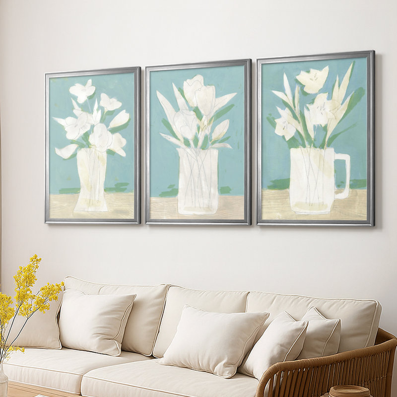 Mute Spring Arrangement I - Toile tendue avec châssis sur mesure - 3 pièces, H 21 po x l 30 po, Argent argent