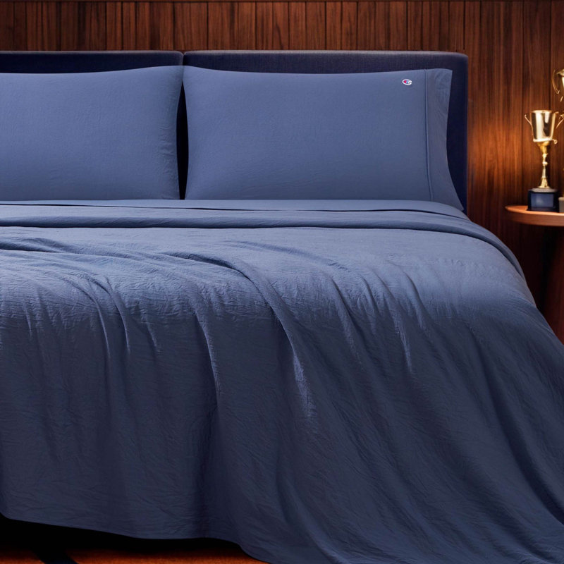 Champion Embroidery Patch Microfiber Sheet Set, Blue, Queen