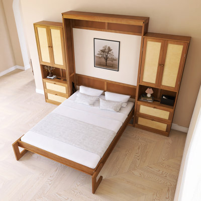 Wood Frame Rattan Murphy Bed With Cabinet