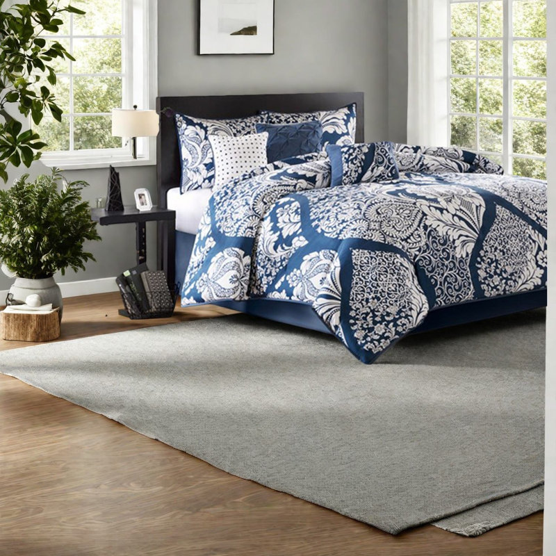 Premium Queen Cotton Bedding Sets, Indigo Damask Style For Home