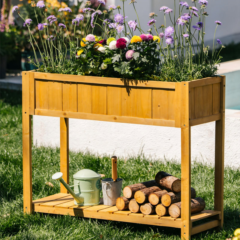 Wood Raised Garden Bed With Non-woven Liner, Yellow